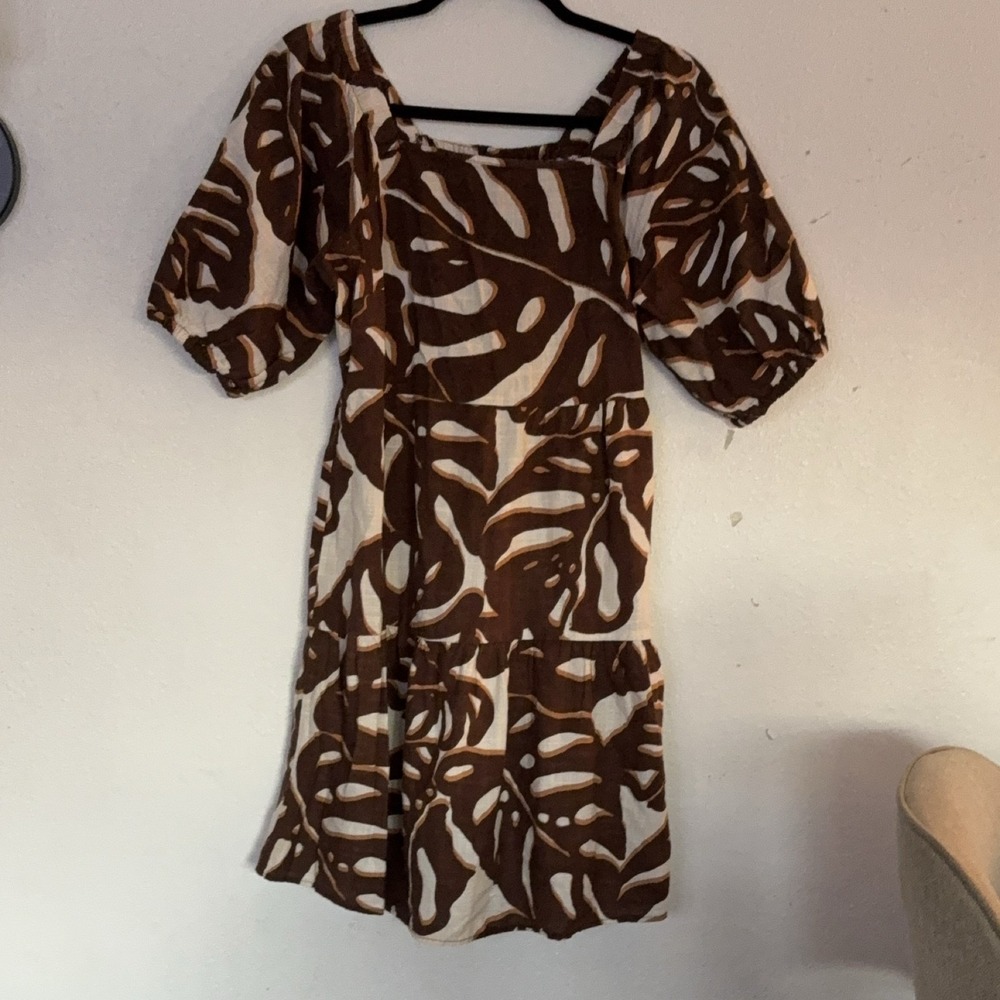 Brown White Tan Tropical Leaf Print Square Neck Puff Sleeve Dress Sz S